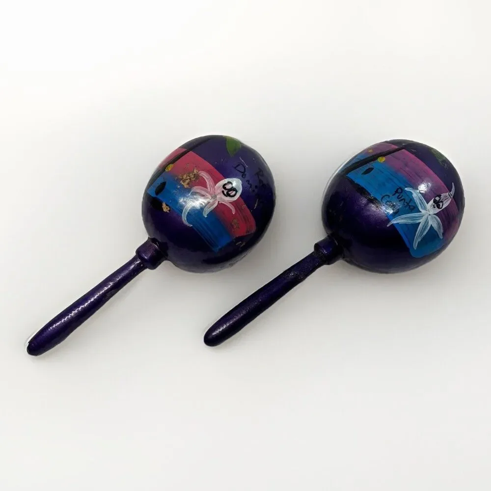 Vintage Punta Cana Dominican Hand Painted Wooden Maracas Folk Art Instrument